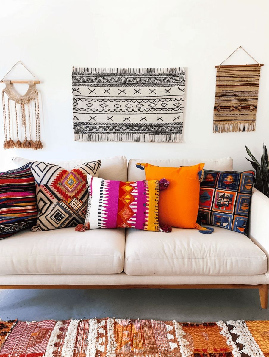 Living room with mid-century modern sofa and colorful boho pillows