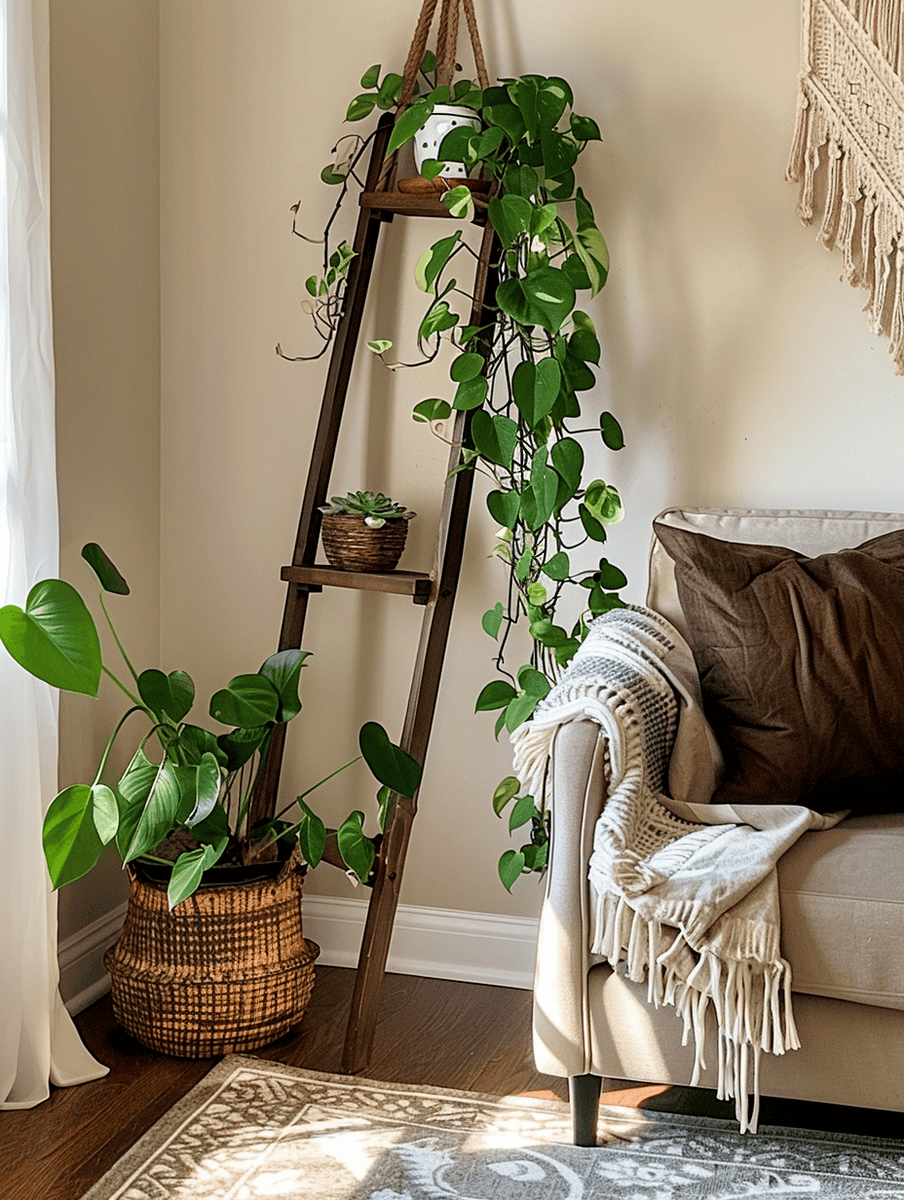 Living room with wooden ladder shelf and hanging green plants
