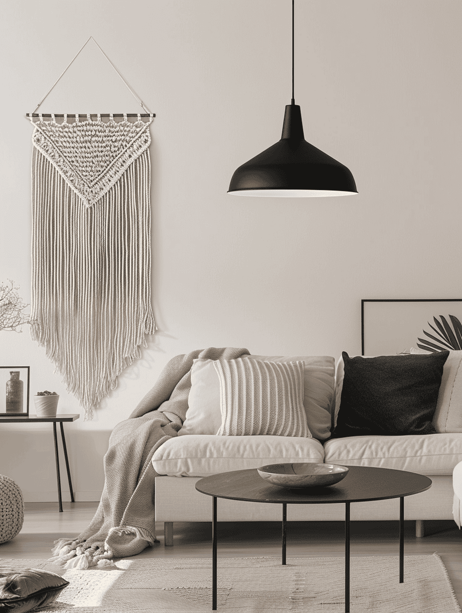 This image seems to be the same one you've shown me before: it's a tastefully decorated living room in a monochromatic scheme, showcasing a comfortable sofa with pillows and a cozy blanket, a sleek coffee table, and an elegant macramé wall art, all illuminated by a chic overhead pendant lamp.