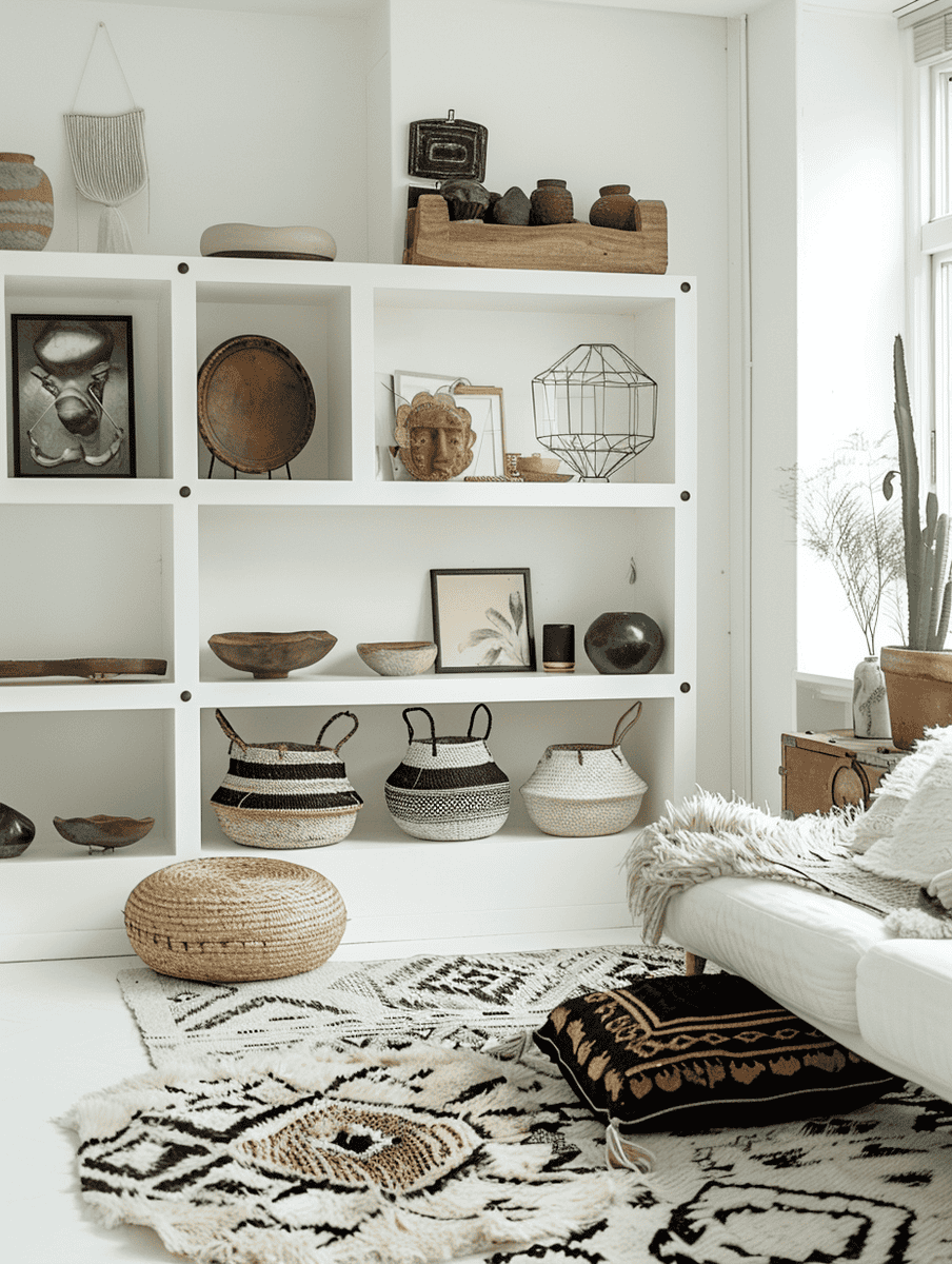 Living room with sleek shelving units and ethnic boho decor