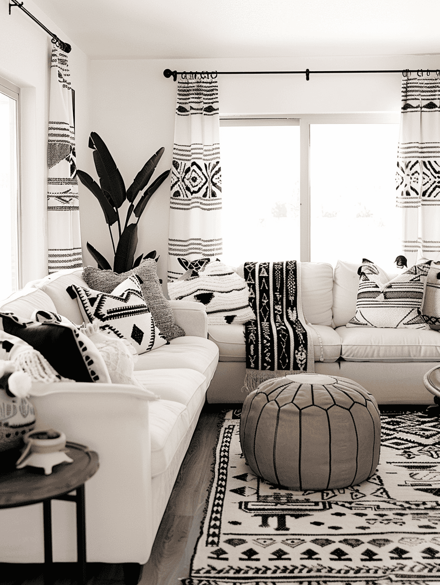 Living room with monochrome decor and boho-patterned curtains