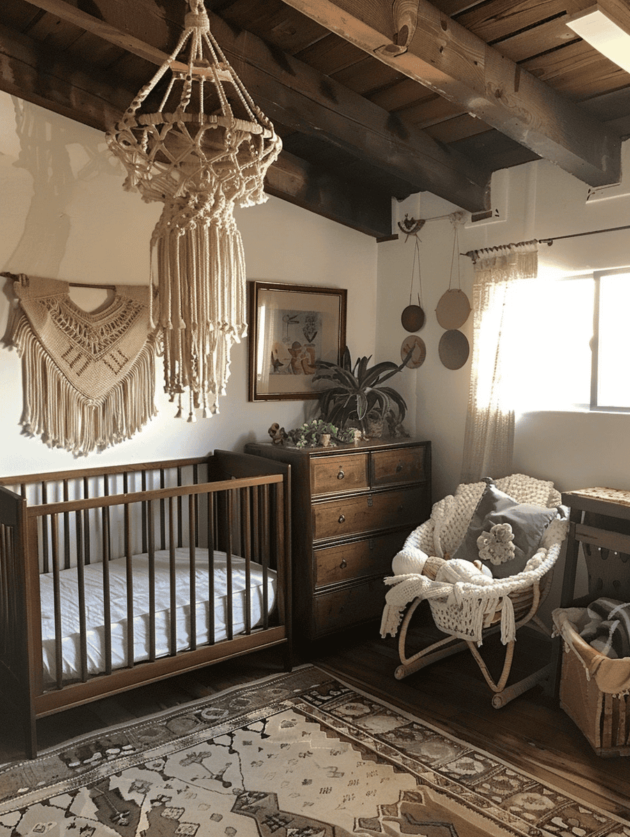 Boho chic nursery with macramé mobiles and rustic wood furniture