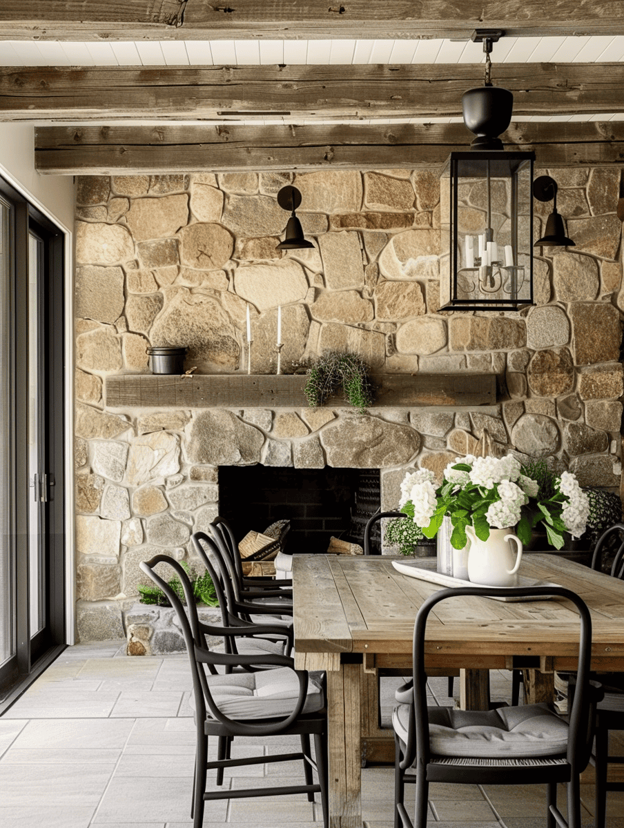 A rustic dining area with a robust wooden table, black metal chairs, and a cozy stone fireplace adorned with green plants and a large lantern-style light fixture.