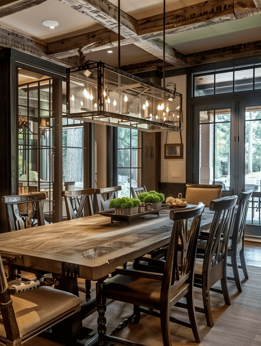Rustic dining room highlighted by the sturdy table and leather-trimmed chairs, illuminated by an industrial-chic chandelier,
