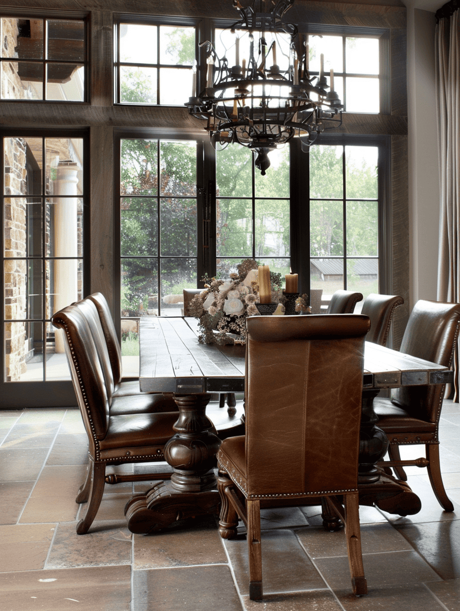 dining area with leather chairs, a substantial wooden table, and a grand wrought-iron chandelier