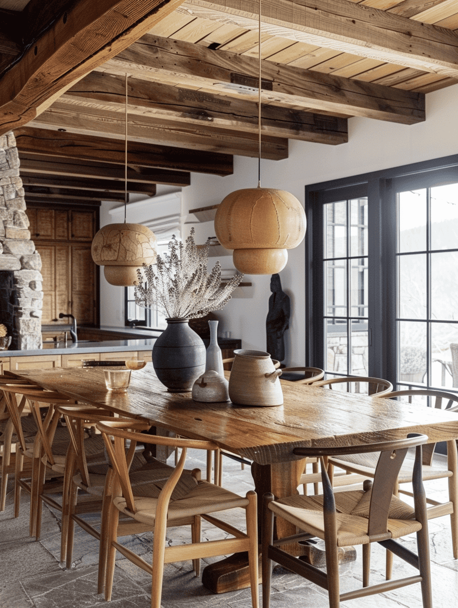 A dining space with a robust wooden table and sculptural pottery, with organic-shaped pendant lights.