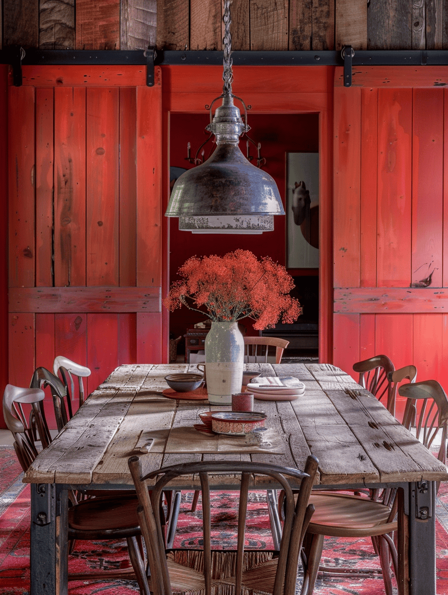 Rustic dining room with bold red walls, rugged wooden table and eclectic chairs sit beneath a vintage industrial lamp