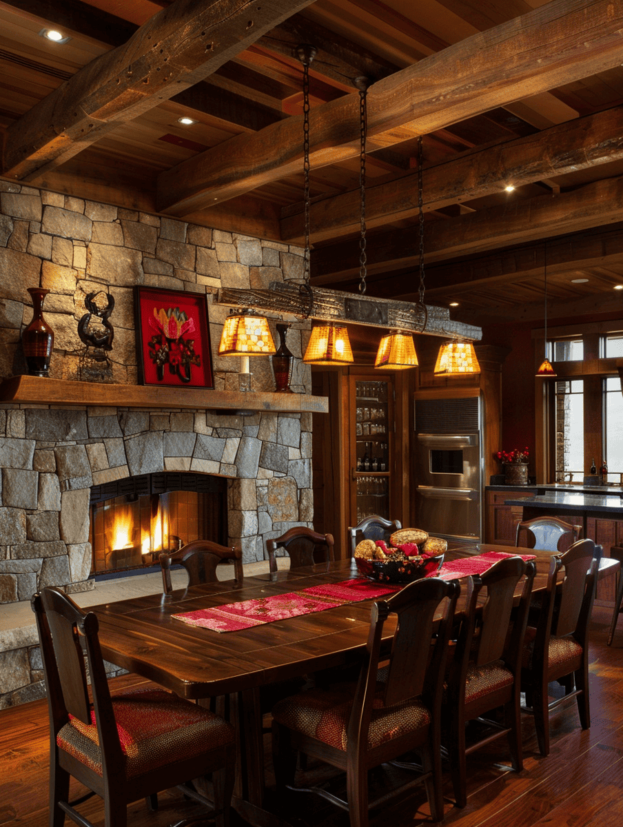dining room with stone fireplace and timber beams