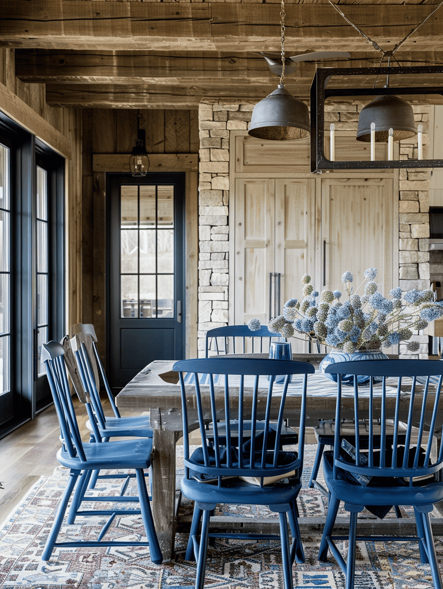 rustic dining room with farmhouse-style table adorned with classic dinnerware, complemented by plush upholstered chairs and a graceful chandelier