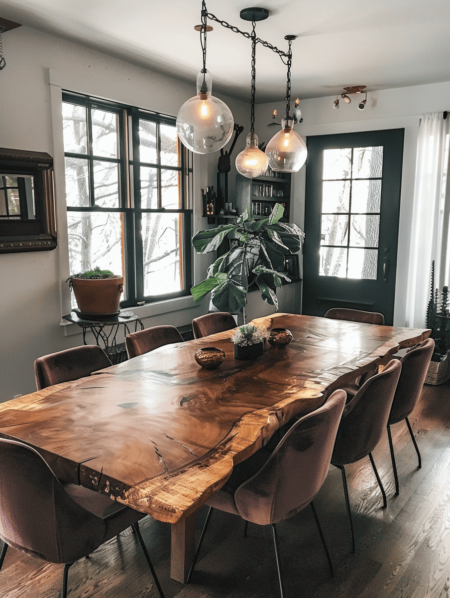 Rustic inspired dining room with single-slab wooden table and complementary plush purple chairs, illuminated by a whimsical array of mismatched glass pendant lights.