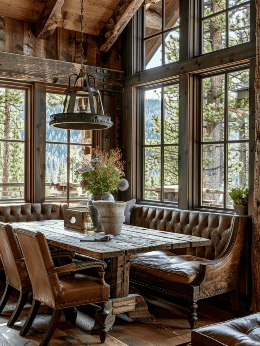 Dining room with distressed leather seating and a weathered wooden table.