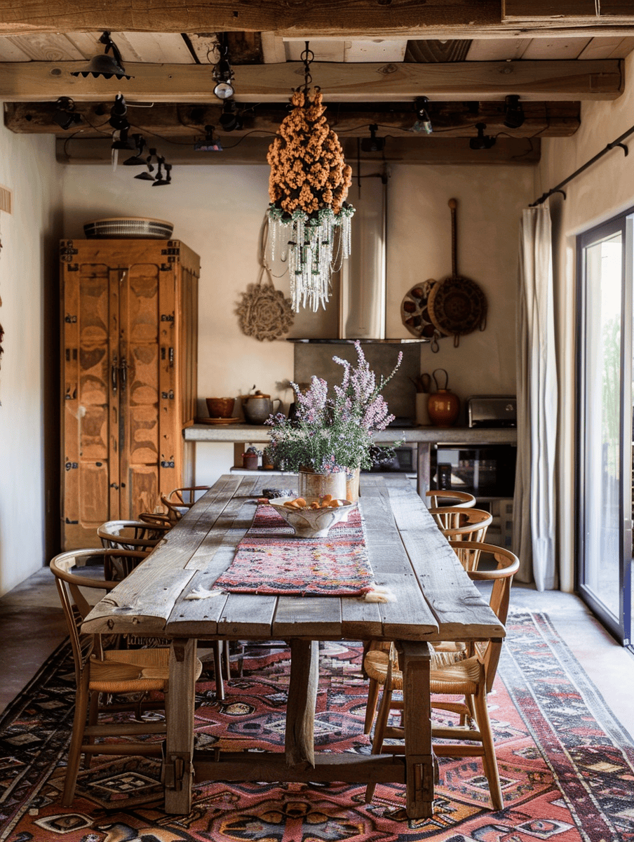 Rustic dining room with a robust farmhouse table with traditional woven chairs and an ornate dried flower chandelier, all anchored on a richly patterned Oriental rug.