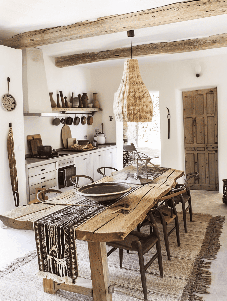 Rustic boho dining room with a rugged wooden table, eclectic mix of seating, and a large wicker pendant light.
