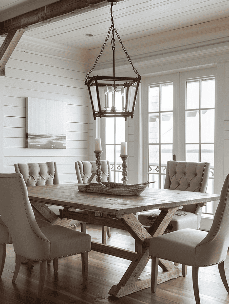 Coastal rustic dining room with sturdy wooden table and elegant tufted chairs under a classic lantern-style chandelier.