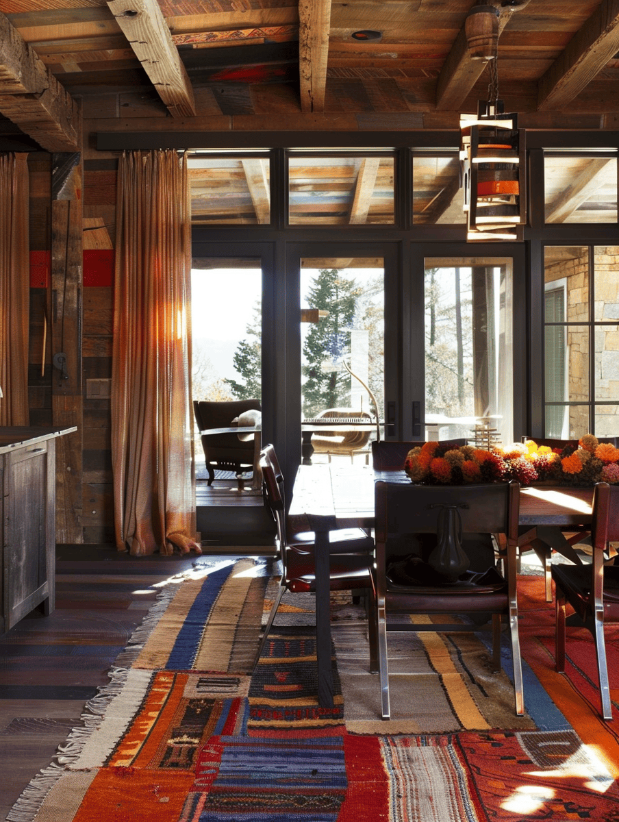 A vibrant and eclectic dining room bathed in natural light, with a wooden table at its center, a colorful patterned rug on the floor, rustic wooden beams overhead, and a modern pendant light, all complemented by floor-to-ceiling windows revealing a mountain view.
