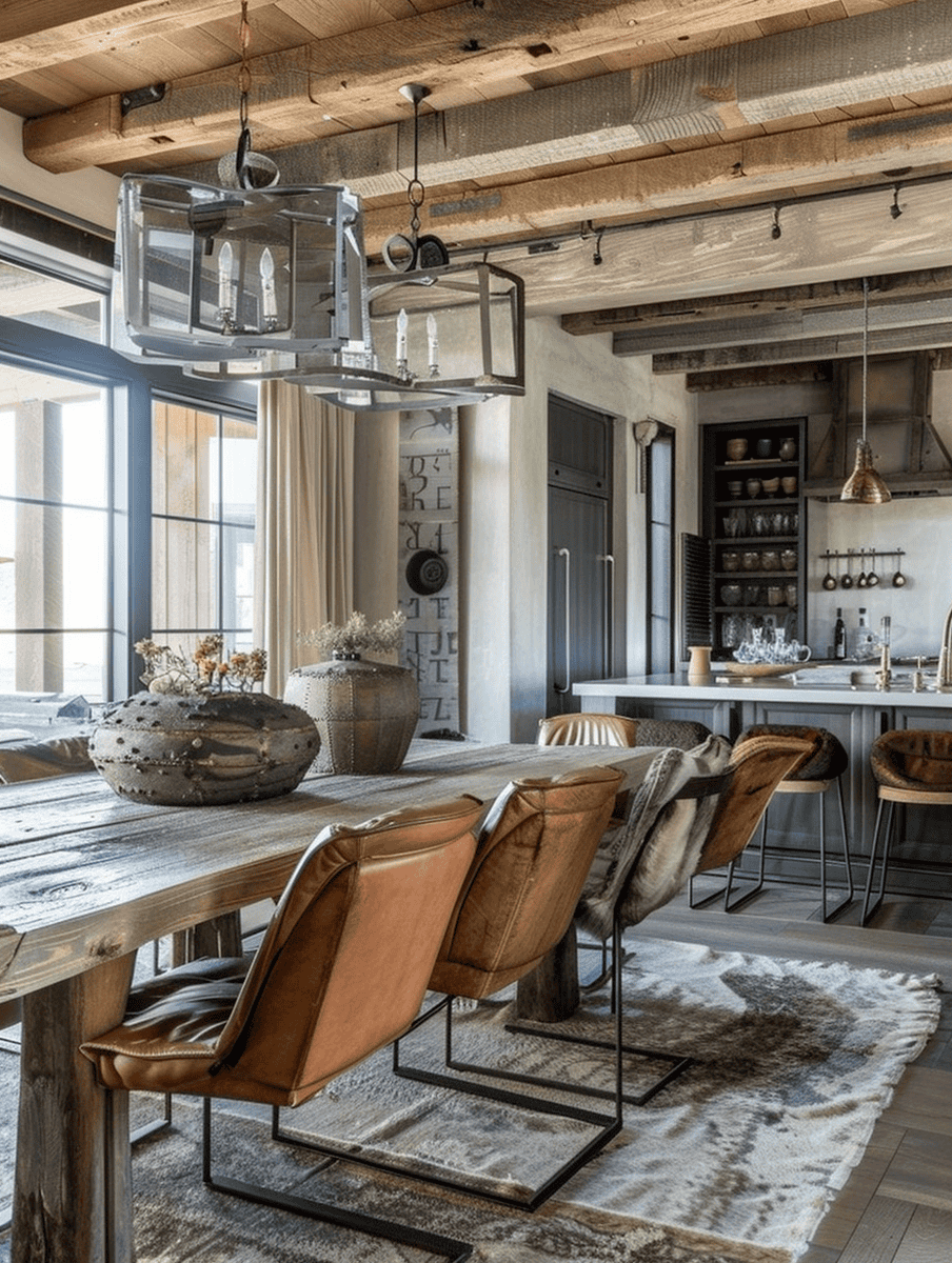 Rustic dining room with sleek leather chairs and a reclaimed wood table under a contemporary chandelier.