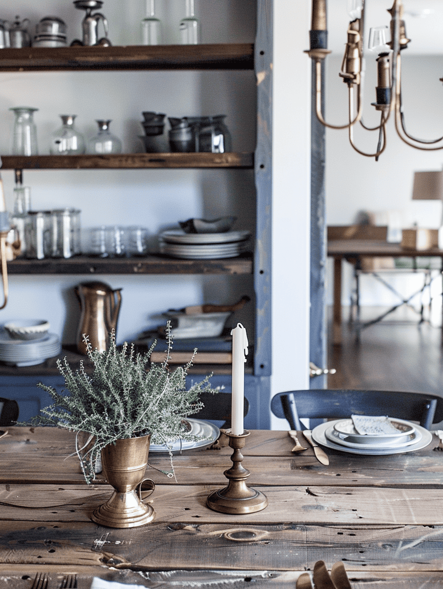 Rustic dining room with distressed wooden table set against a backdrop of open shelving stocked with vintage dishware.