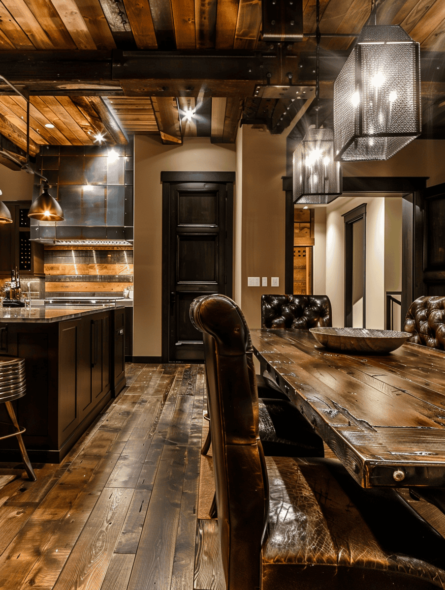 Rustic dining room with an industrial setting with studded leather chairs and a robust wooden table, all illuminated by modern geometric light fixtures.