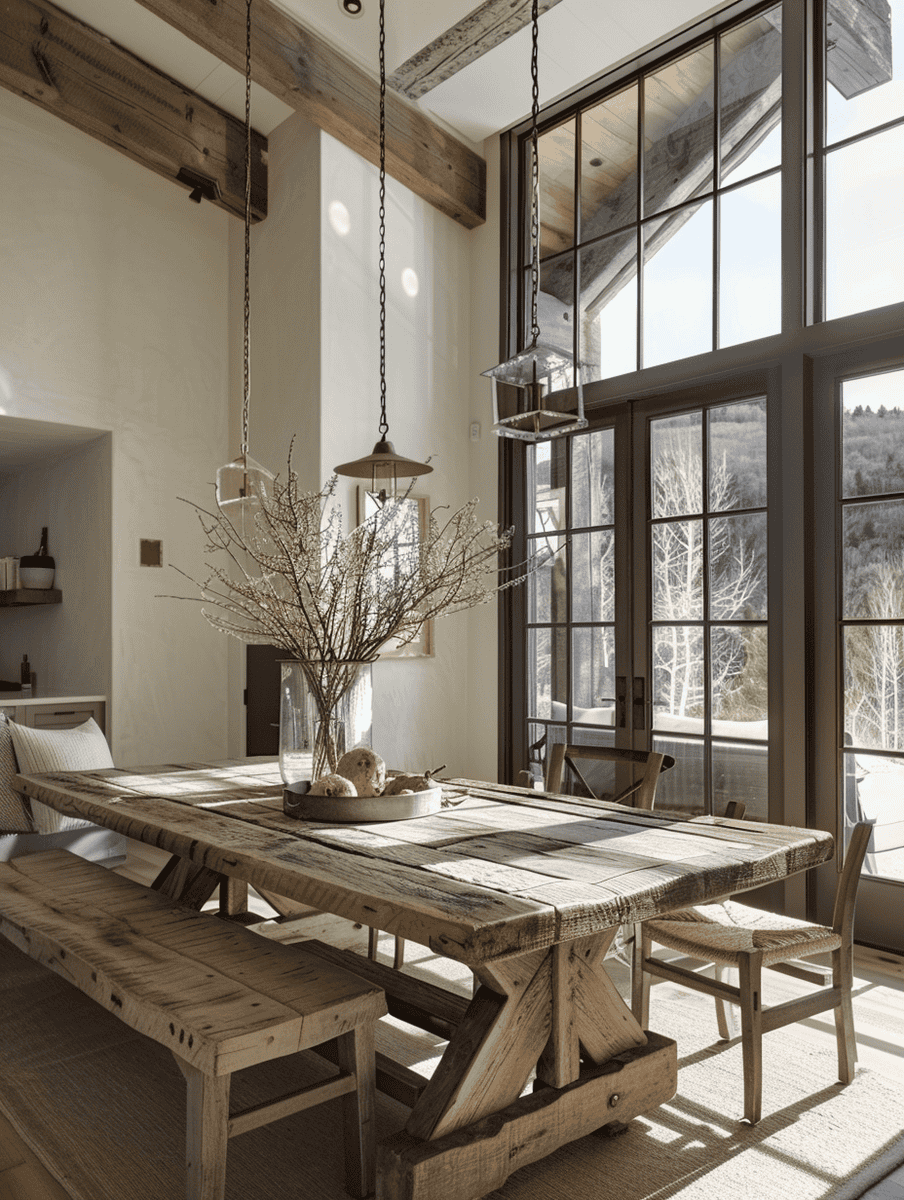 Rustic dining room with a countryside feel, featuring robust wooden table and matching benches.