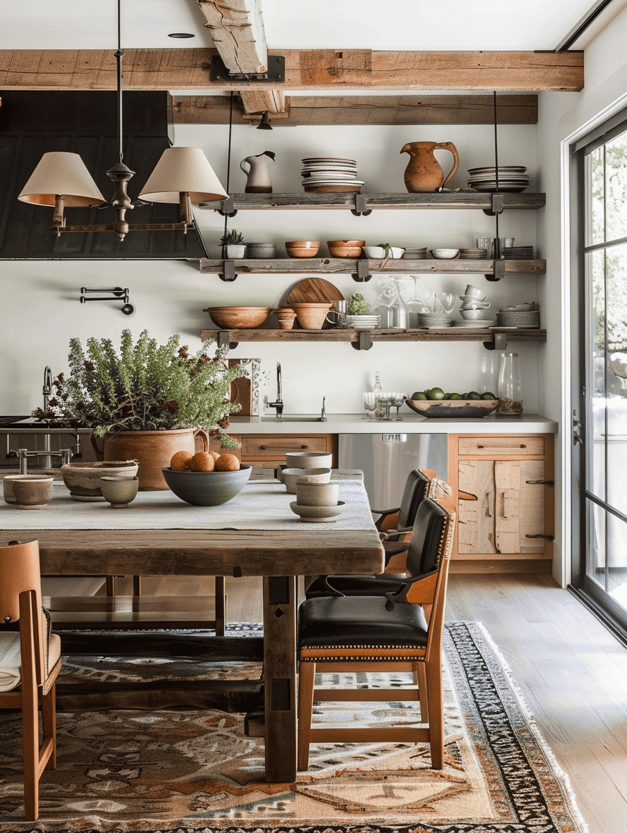 Homestead rustic dining room with wood-slab table and open shelving lined with earthenware.