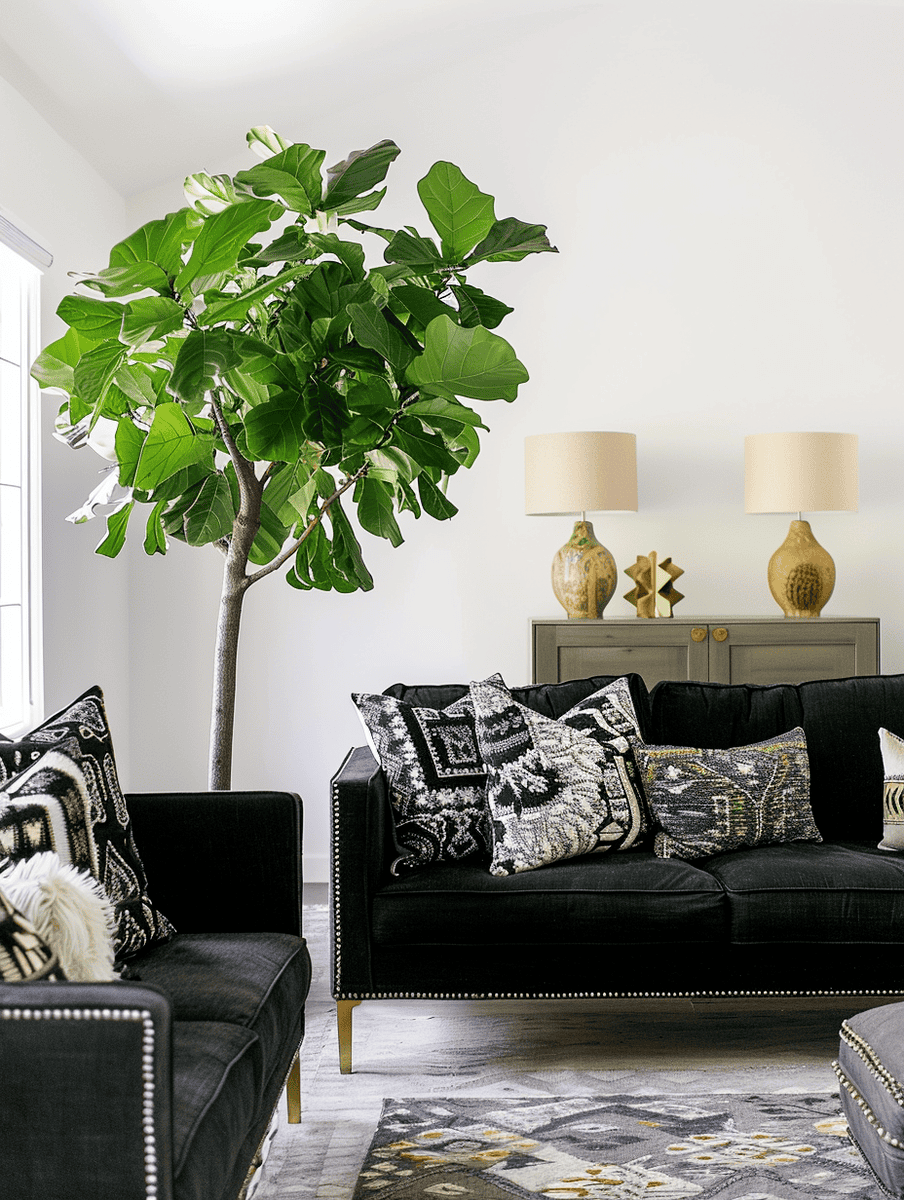 Fig tree in between two black sofas