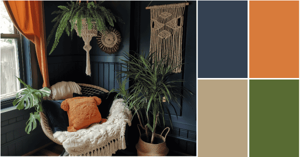 Navy Blue Bohemian Reading Nook with Vibrant Orange Accents