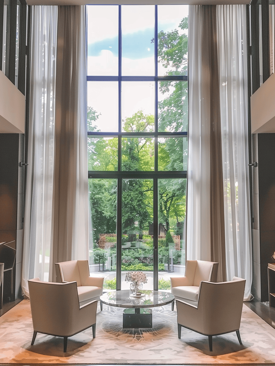 A huge window with a beautiful living area
