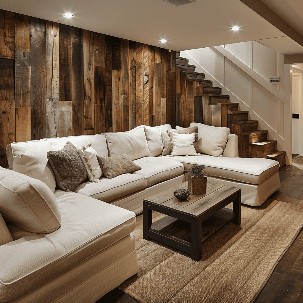rustic basement living room with wood paneled walls
